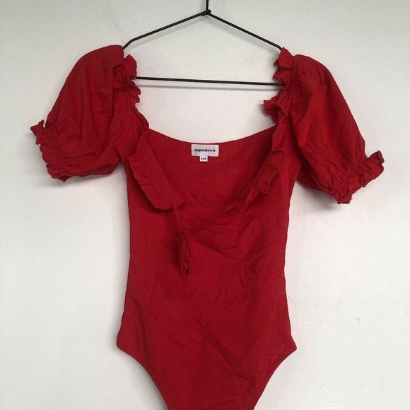 superdown Alexia Tie Front Bodysuit Red Ruffle XXS - Picture 5 of 7